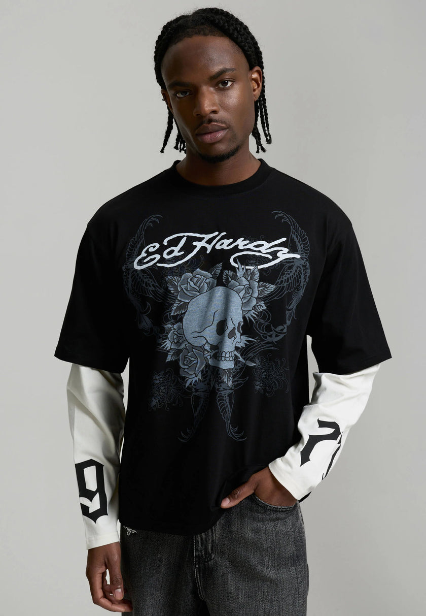 MENS 1971 SKULL DOUBLE LAYER RELAXED T-SHIRT - BLACK