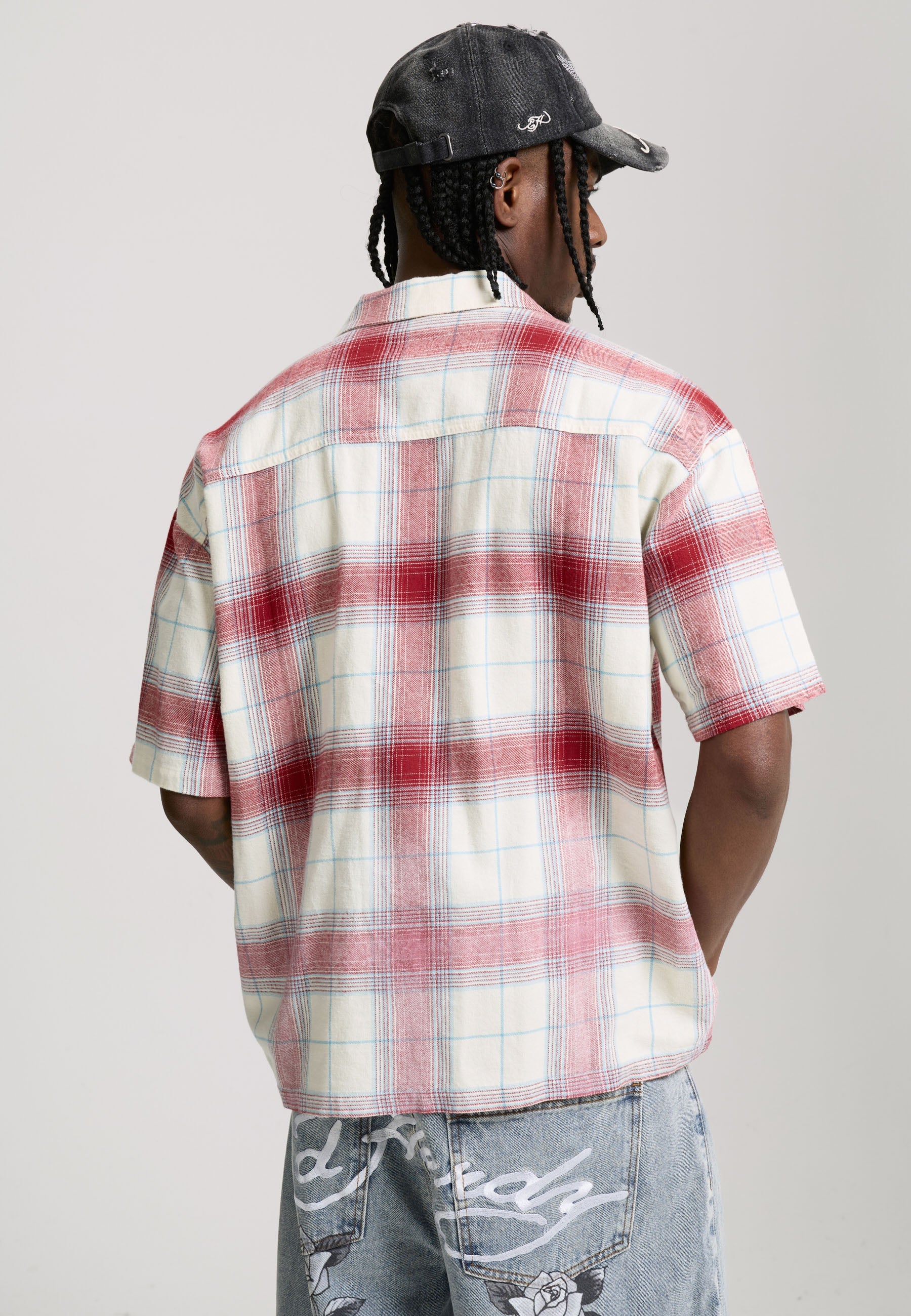 MENS GOTHIC CHECK REVERE BOXY SHIRT - RED