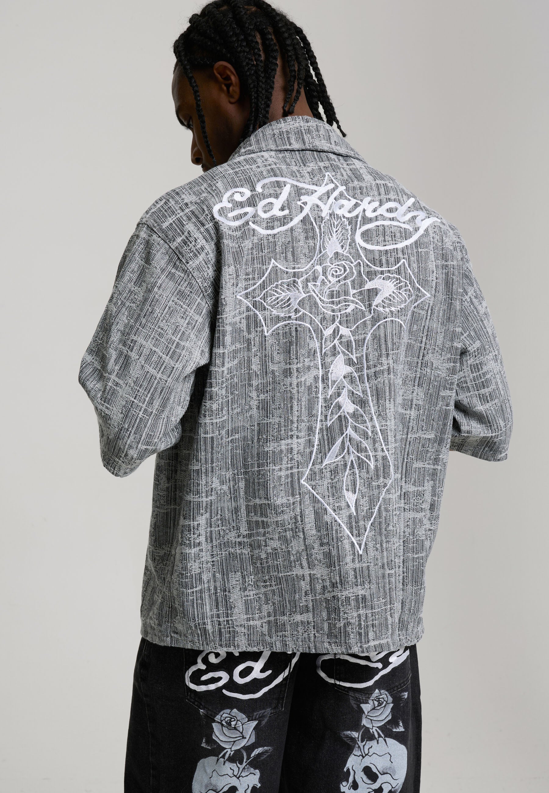 MENS DISTRESSED CROSS RELAXED DENIM SHIRT - BLACK