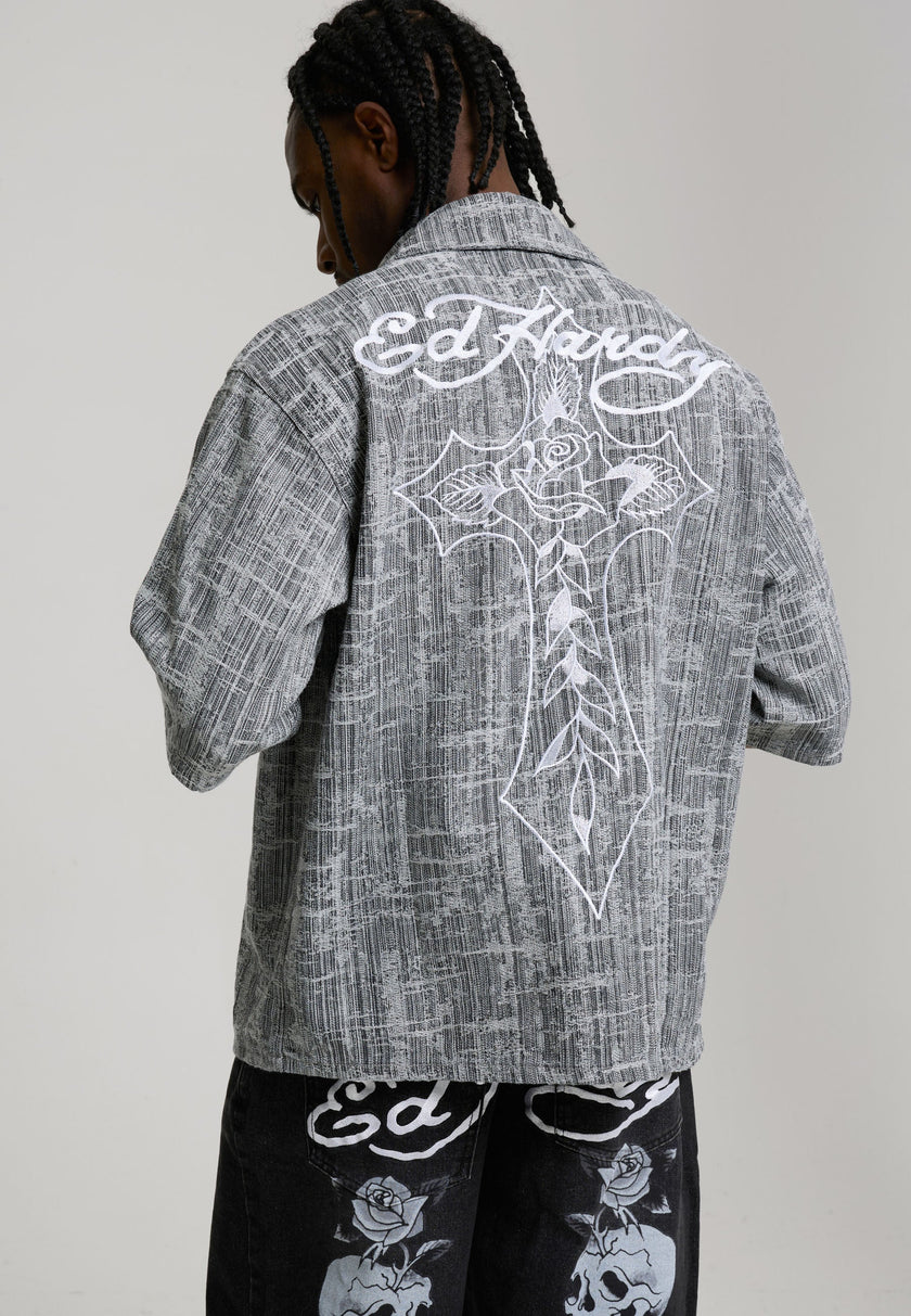 MENS DISTRESSED CROSS RELAXED DENIM SHIRT - BLACK