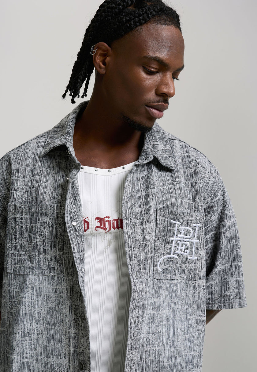 MENS DISTRESSED CROSS RELAXED DENIM SHIRT - BLACK