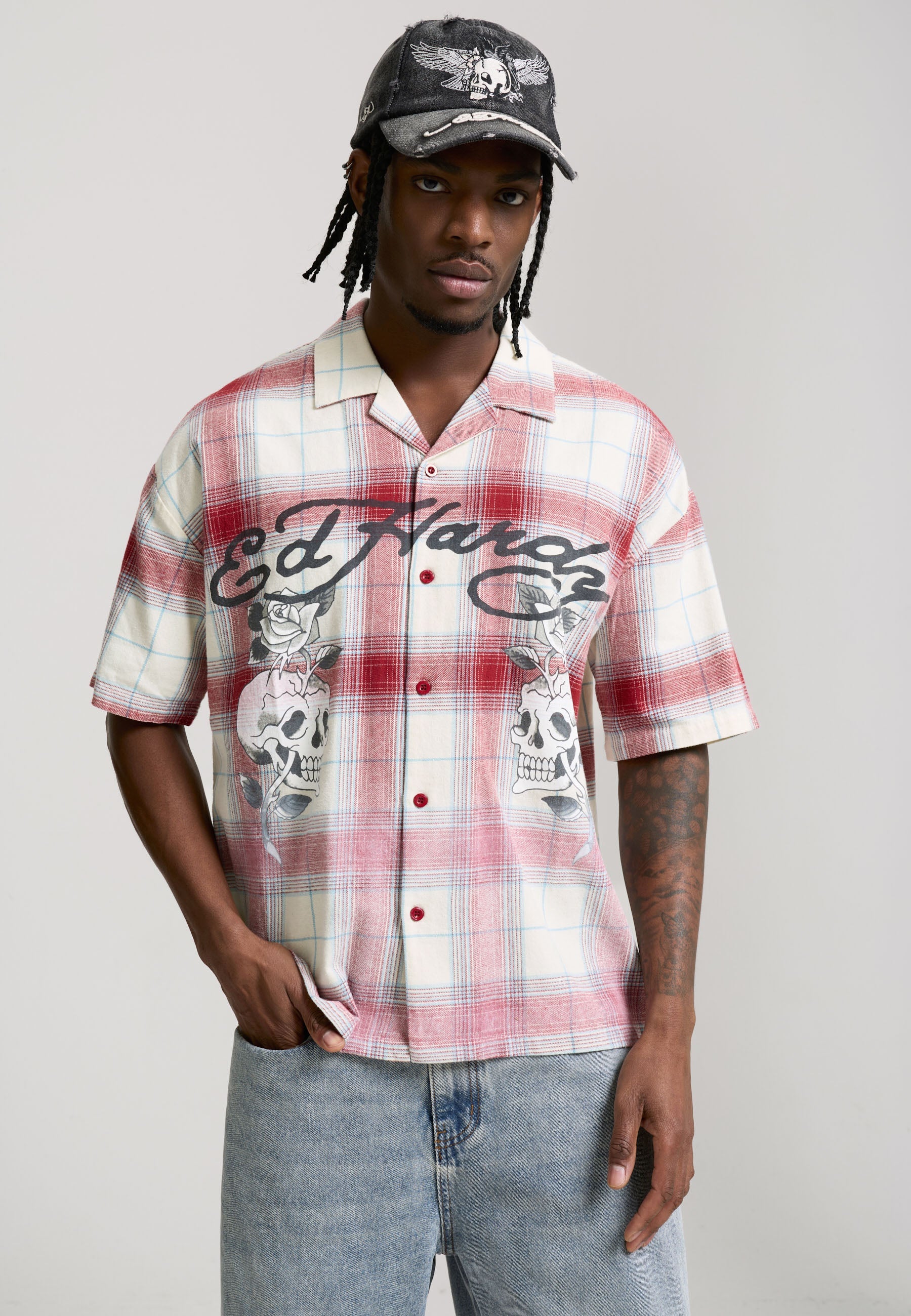 MENS GOTHIC CHECK REVERE BOXY SHIRT - RED