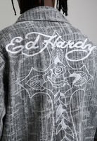 MENS DISTRESSED CROSS RELAXED DENIM SHIRT - BLACK