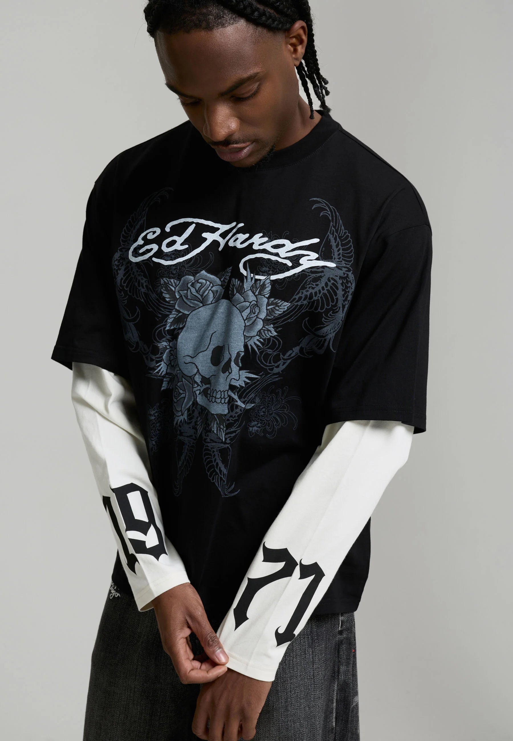 MENS 1971 SKULL DOUBLE LAYER RELAXED T-SHIRT - BLACK