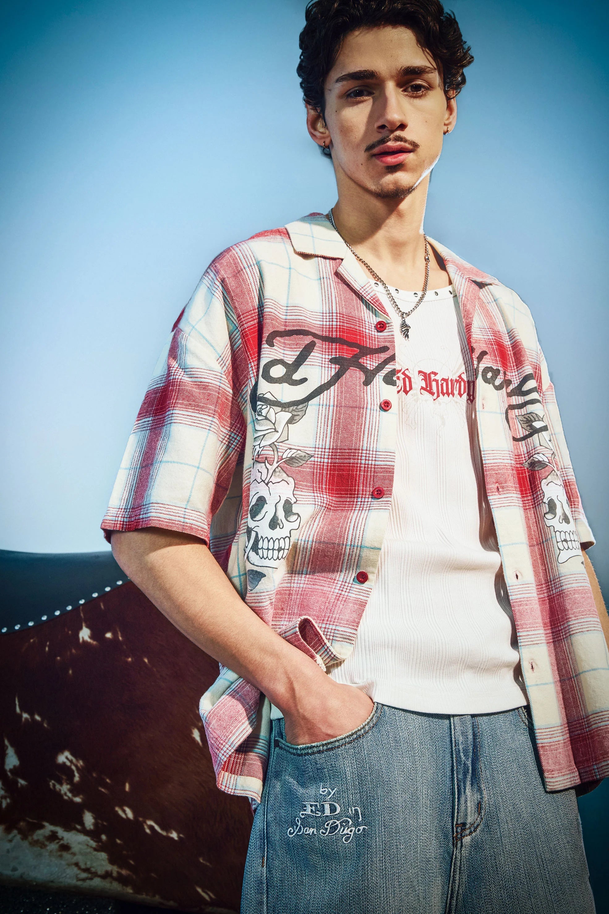 MENS GOTHIC CHECK REVERE BOXY SHIRT - RED