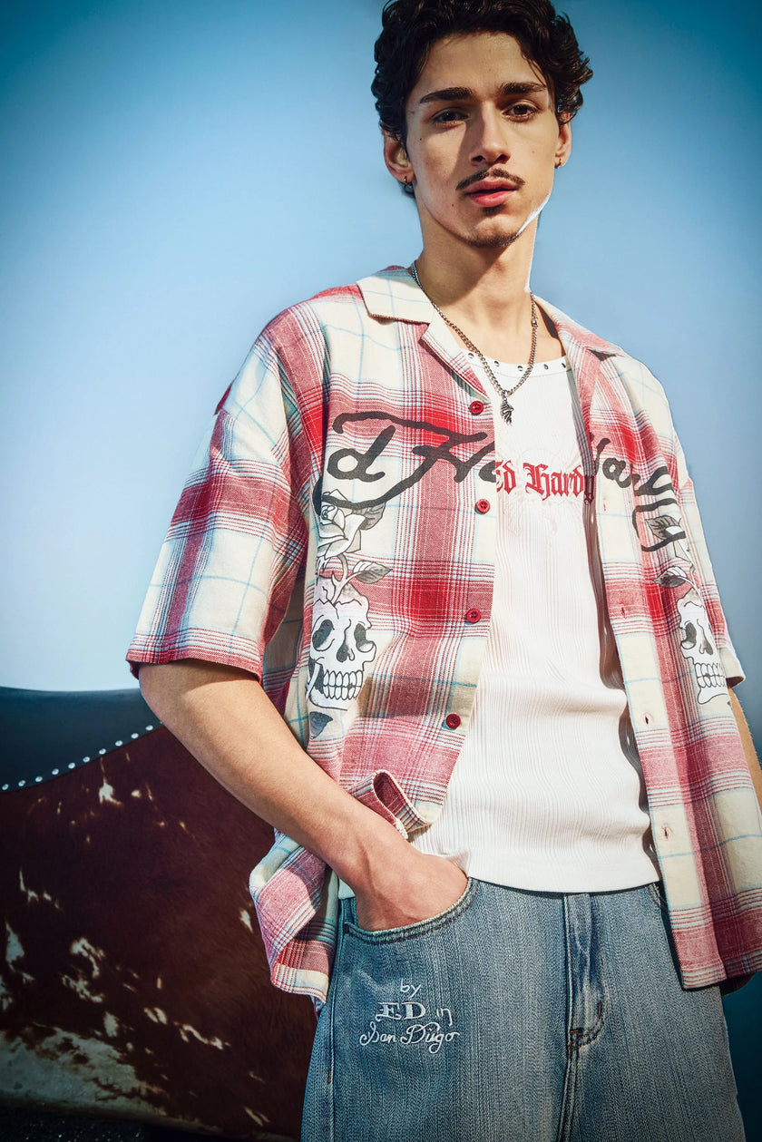 MENS GOTHIC CHECK REVERE BOXY SHIRT - RED