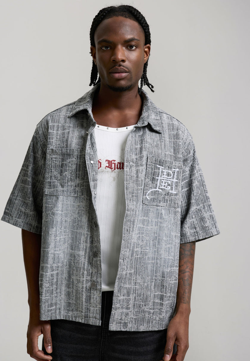 MENS DISTRESSED CROSS RELAXED DENIM SHIRT - BLACK