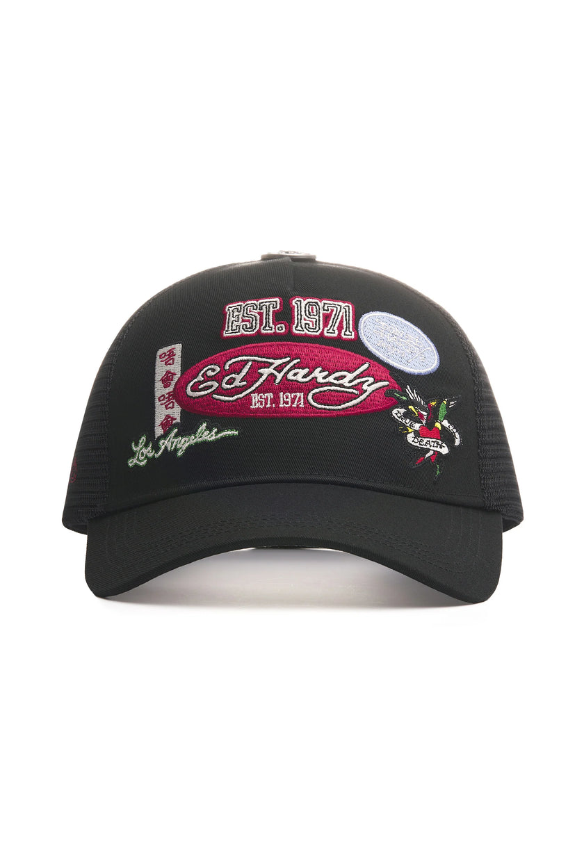UNISEX EST 1971 VARSITY BADGE 5 PANEL TRUCKER - BLACK