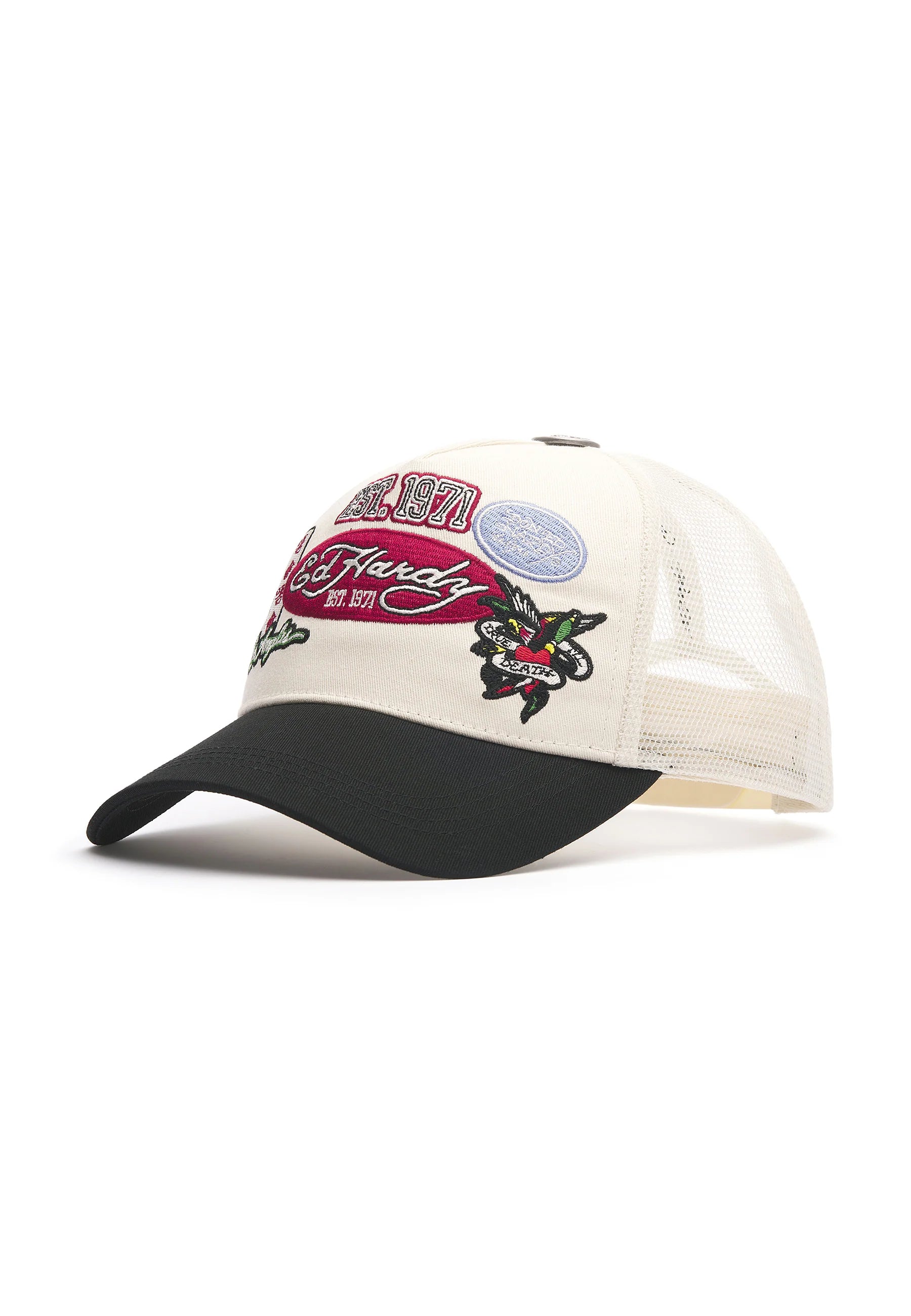 UNISEX EST 1971 VARSITY BADGE 5 PANEL TRUCKER - WHITE / BLACK