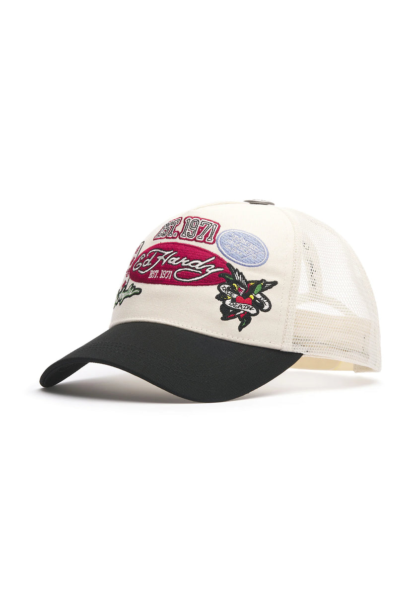 UNISEX EST 1971 VARSITY BADGE 5 PANEL TRUCKER - WHITE / BLACK