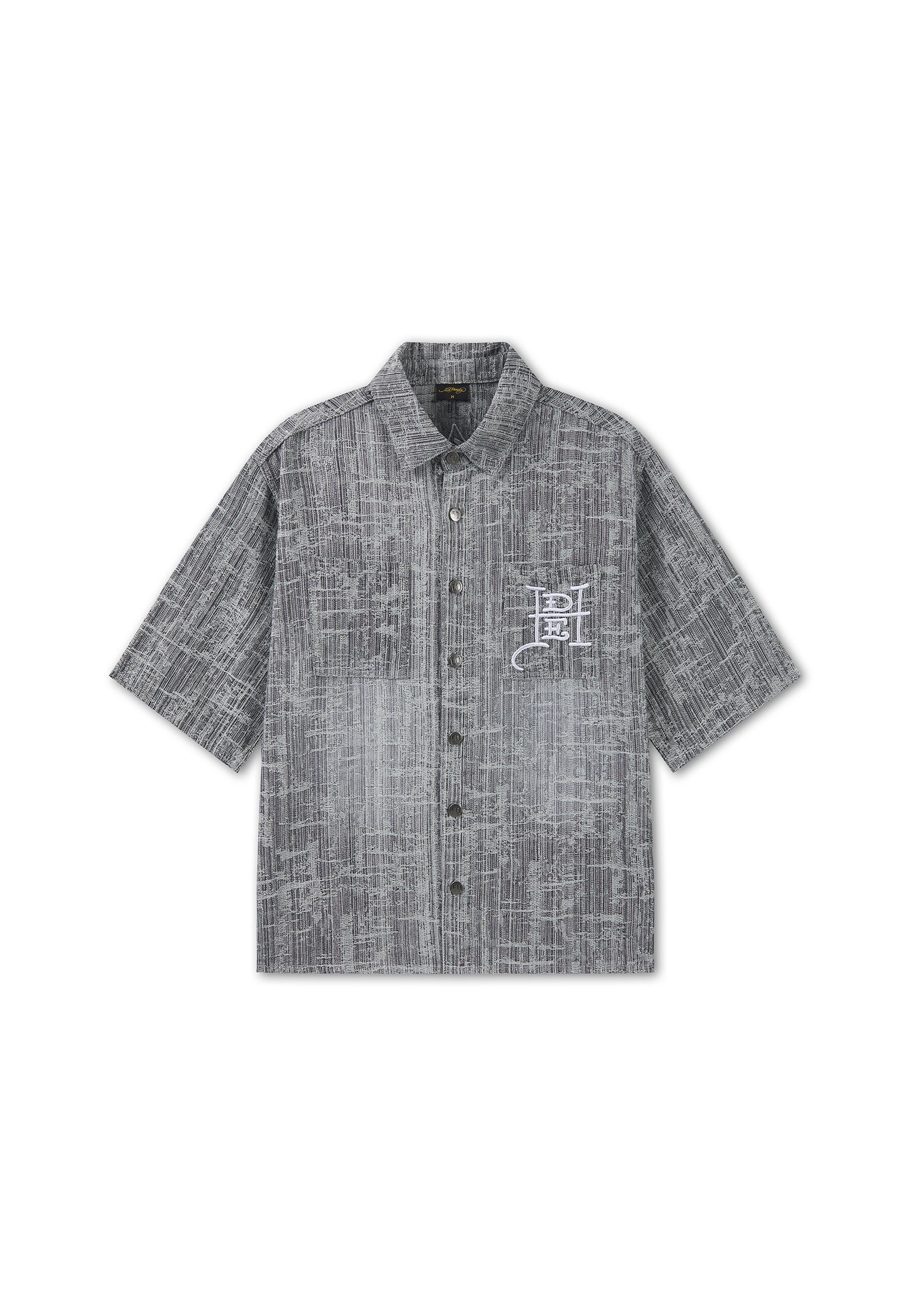 MENS DISTRESSED CROSS RELAXED DENIM SHIRT - BLACK