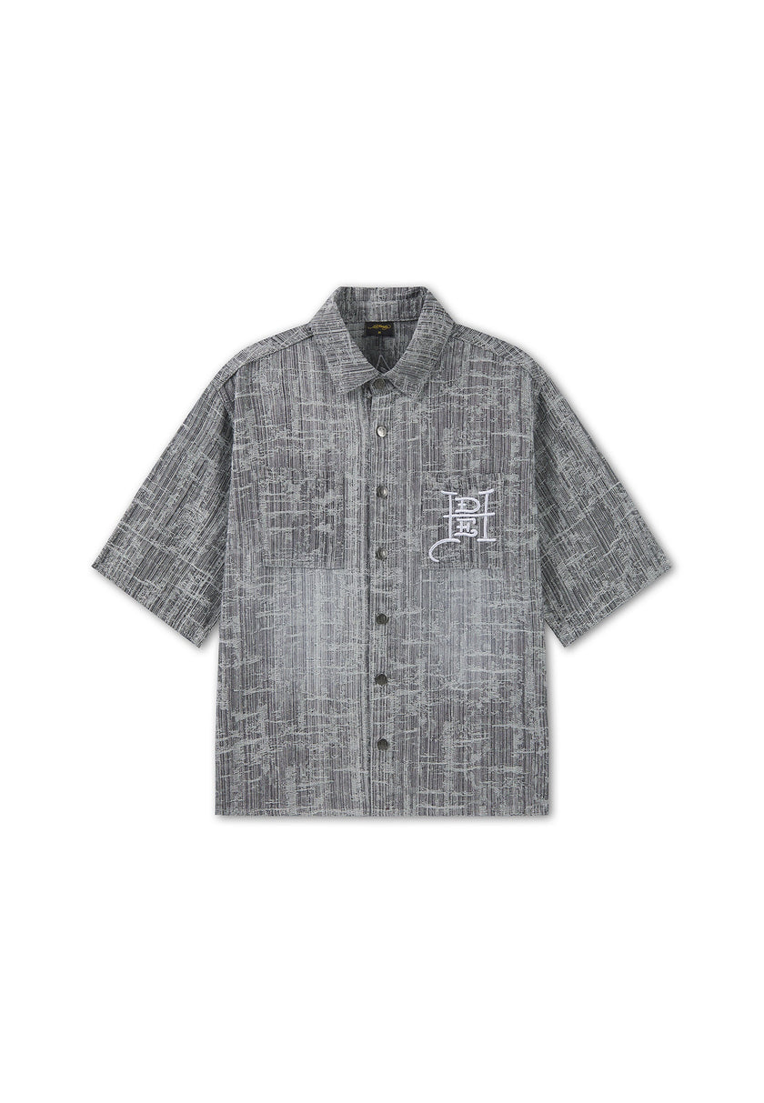 MENS DISTRESSED CROSS RELAXED DENIM SHIRT - BLACK