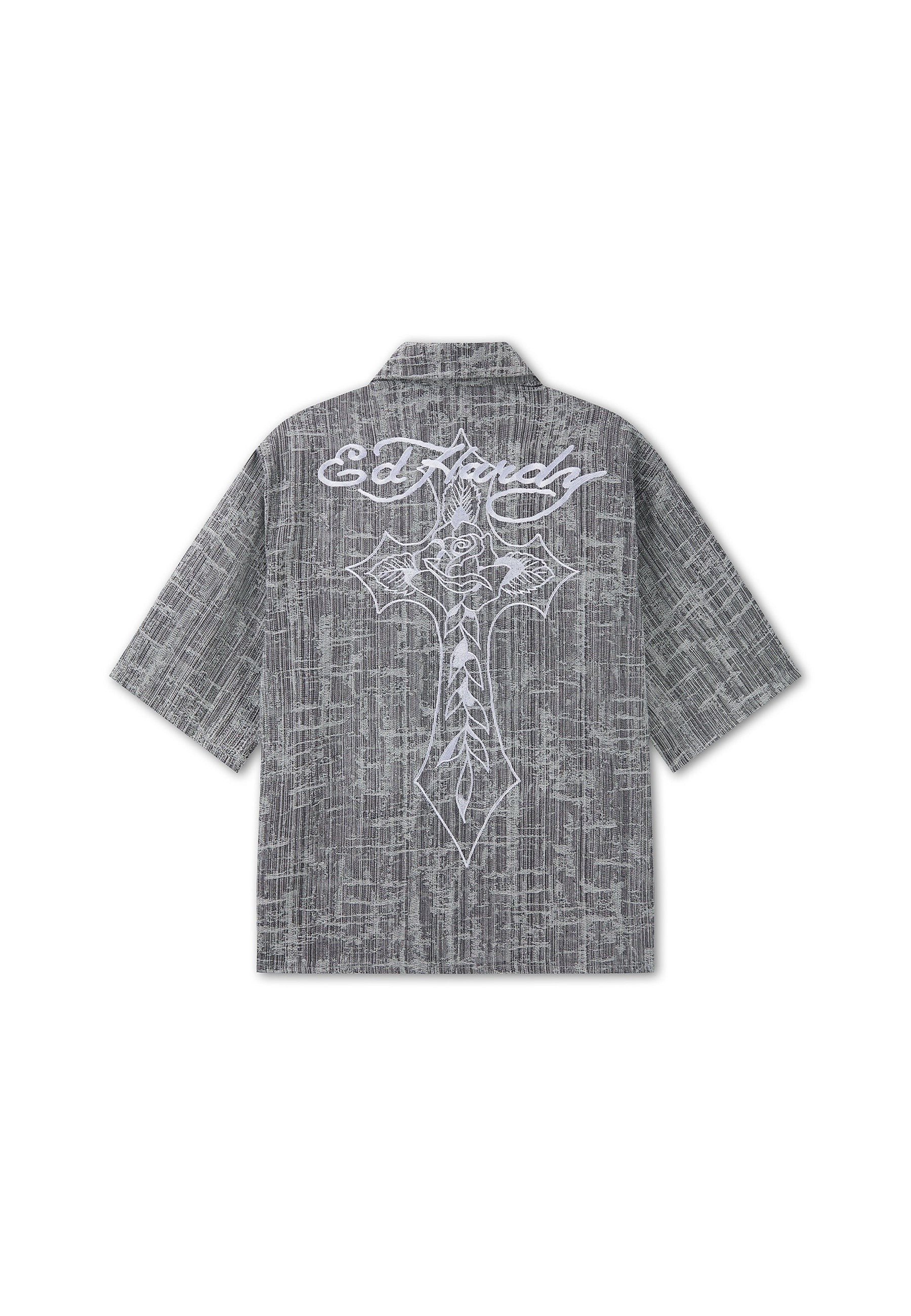 MENS DISTRESSED CROSS RELAXED DENIM SHIRT - BLACK