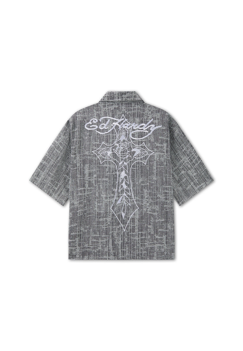 MENS DISTRESSED CROSS RELAXED DENIM SHIRT - BLACK