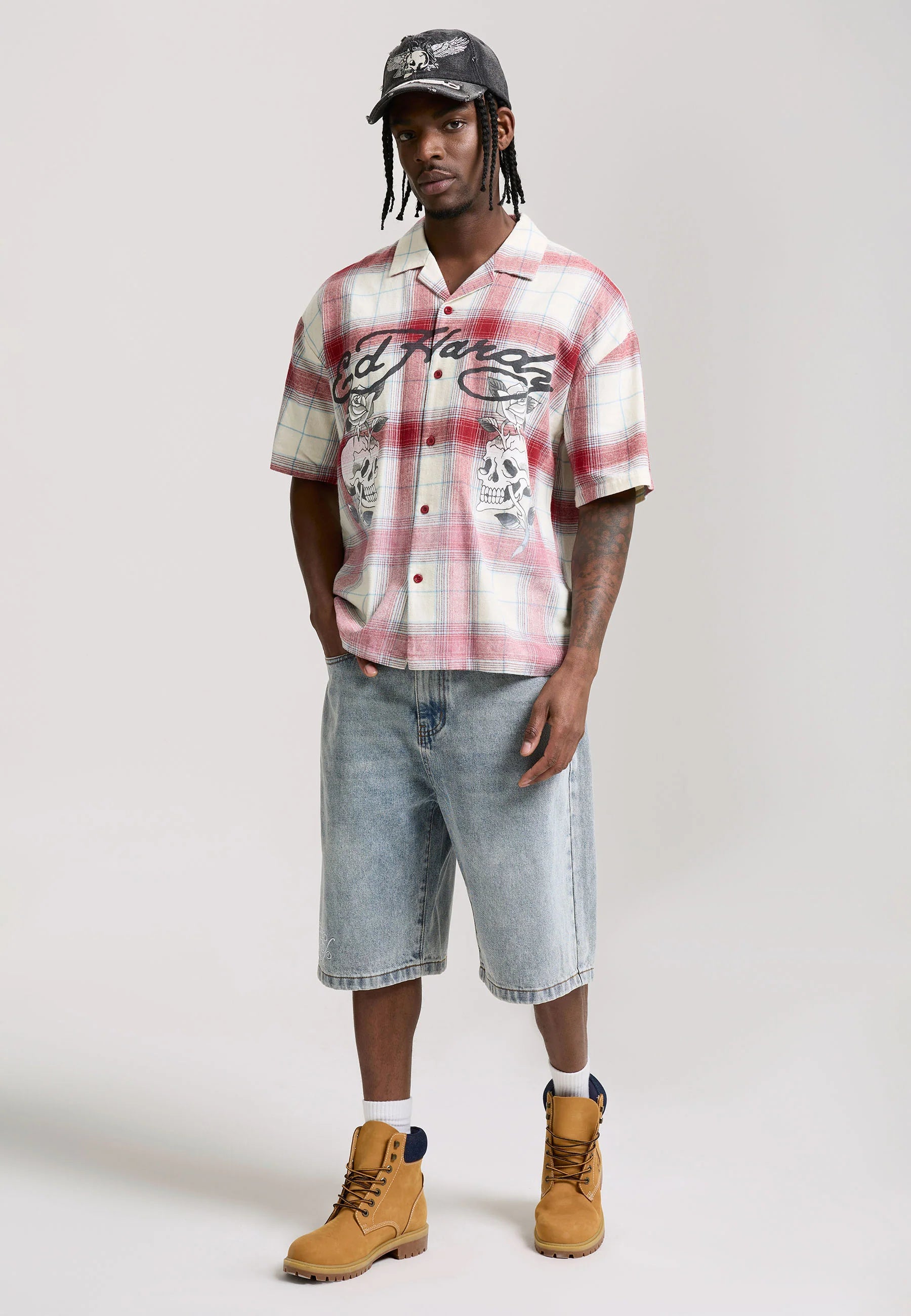 MENS GOTHIC CHECK REVERE BOXY SHIRT - RED